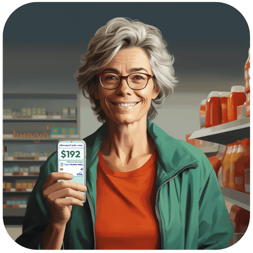 Illustration of a senior woman in a grocery store showing her allowance card benefit amount